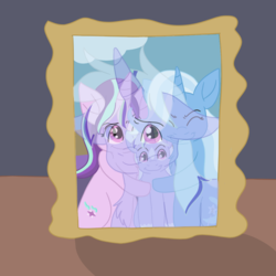 Size: 600x600 | Tagged: safe, artist:curmudgeoncorgi, starlight glimmer, trixie, pony, g4, bust, family, female, lesbian, magical lesbian spawn, offspring, parent:starlight glimmer, parent:trixie, parents:startrix, portrait, ship:startrix, shipping