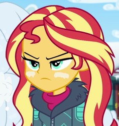 Size: 582x615 | Tagged: safe, screencap, sunset shimmer, equestria girls, equestria girls series, g4, holidays unwrapped, saving pinkie's pie, spoiler:eqg series (season 2), clothes, coat, cropped, snow, warface