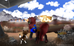 Size: 1920x1200 | Tagged: safe, artist:brainiac, oc, oc:molasses candy, dog, pony, unicorn, fallout equestria, bottomless, clothes, commission, fallout equestria: scoundrels, partial nudity