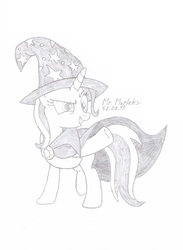 Size: 1677x2293 | Tagged: safe, artist:marleks, trixie, pony, unicorn, g4, female, grin, mare, monochrome, pointing, sketch, smiling, solo, traditional art