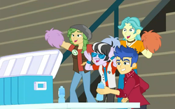 Size: 1146x720 | Tagged: safe, screencap, brawly beats, flash sentry, ringo, sandalwood, cheer you on, equestria girls, g4, my little pony equestria girls: better together, clothes, male, pants, smiling, water bottle