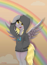 Size: 4550x6300 | Tagged: safe, artist:darksly, derpy hooves, pegasus, semi-anthro, g4, arm hooves, bipedal, bottomless, clothes, commission, cute, female, hoodie, open mouth, partial nudity, rainbow, smiling, solo, spread wings, standing, sweater, wings