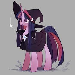 Size: 2000x1999 | Tagged: safe, artist:angrygem, twilight sparkle, pony, unicorn, g4, cape, chest fluff, clothes, cute, female, gray background, hat, mare, no pupils, simple background, solo, twiabetes, unicorn twilight, witch hat