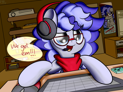 Size: 2048x1536 | Tagged: dead source, safe, artist:php142, oc, oc:cinnabyte, pony, adorkable, bandana, cinnabetes, computer, computer mouse, cute, dork, gaming headset, glasses, headset, pc