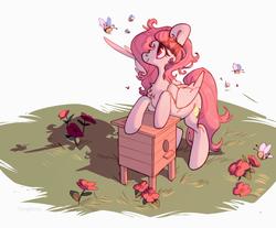 Size: 1572x1300 | Tagged: safe, artist:angrygem, oc, oc only, bee, pegasus, pony, bee box, beehive, beekeeper, flower, solo