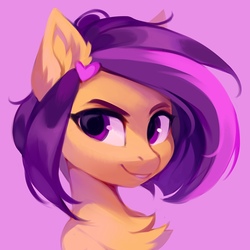 Size: 1024x1024 | Tagged: safe, artist:share dast, oc, oc only, oc:amethyst arkin, pony, bust, chest fluff, ear fluff, looking at you, pink background, simple background, solo