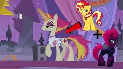 Size: 1280x720 | Tagged: safe, edit, edited screencap, screencap, fire flare, sunset shimmer, tempest shadow, pony, unicorn, g4, my little pony: the movie, the summer sun setback, broken horn, clothes, concave belly, cropped, eye scar, female, grin, hoof shoes, horn, lidded eyes, magic, magic aura, mare, raised hoof, scar, slender, smiling, telekinesis, thin