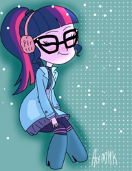 Size: 1000x1300 | Tagged: safe, artist:artmlpk, sci-twi, twilight sparkle, equestria girls, equestria girls series, g4, holidays unwrapped, spoiler:eqg series (season 2), boots, chibi, clothes, coat, cute, earmuffs, eyes closed, female, glasses, shoes, smiling, snow, solo, twiabetes
