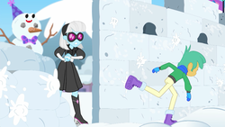 Size: 1280x720 | Tagged: safe, screencap, photo finish, snails, equestria girls, equestria girls specials, g4, my little pony equestria girls: better together, my little pony equestria girls: holidays unwrapped, saving pinkie's pie, boots, clothes, female, glasses, gloves, high heel boots, male, pants, plusplus, shoes, skirt, snow, snow fort, snowball, snowball fight, snowman, sunglasses, winter boots, winter outfit