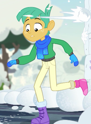 Size: 423x579 | Tagged: safe, screencap, snails, equestria girls, equestria girls series, g4, holidays unwrapped, saving pinkie's pie, spoiler:eqg series (season 2), boots, clothes, cropped, freckles, gloves, male, pink socks, scarf, shoes, snow, snowball, snowball fight, solo, standing, standing on one leg, winter boots, winter outfit