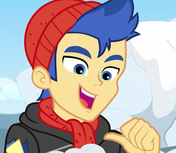 Size: 829x720 | Tagged: safe, screencap, flash sentry, equestria girls, equestria girls series, g4, holidays unwrapped, spoiler:eqg series (season 2), clothes, cropped, hat, hoodie, male, pointing at self, scarf, smiling, solo, winter outfit