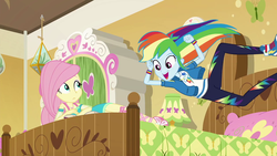 Size: 1920x1080 | Tagged: safe, screencap, fluttershy, rainbow dash, do it for the ponygram!, equestria girls, g4, my little pony equestria girls: better together, bed, converse, female, geode of fauna, geode of super speed, magical geodes, shoes