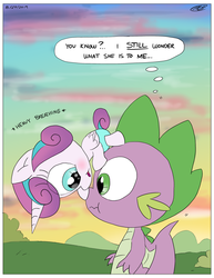 Size: 2550x3300 | Tagged: safe, artist:loreto-arts, princess flurry heart, spike, alicorn, dragon, pony, g4, baby, baby pony, boop, curious, cute, diaper, female, filly, flurrybetes, foal, high res, noseboop, thought bubble, uncle and niece, uncle spike, winged spike, wings