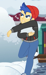 Size: 327x531 | Tagged: safe, screencap, flash sentry, equestria girls, equestria girls specials, g4, my little pony equestria girls: better together, my little pony equestria girls: holidays unwrapped, saving pinkie's pie, clothes, converse, cropped, hat, hoodie, male, pants, shoes, sneakers, snow, snowball, solo, winter outfit