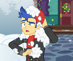 Size: 858x720 | Tagged: safe, screencap, flash sentry, equestria girls, equestria girls series, g4, holidays unwrapped, saving pinkie's pie, spoiler:eqg series (season 2), arm behind head, clothes, cropped, hat, male, scarf, snow, solo