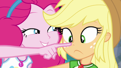 Size: 1920x1080 | Tagged: safe, screencap, applejack, pinkie pie, do it for the ponygram!, equestria girls, g4, my little pony equestria girls: better together, boop, geode of sugar bombs, geode of super strength, magical geodes