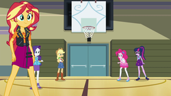Size: 1920x1080 | Tagged: safe, screencap, applejack, pinkie pie, rarity, sci-twi, sunset shimmer, twilight sparkle, do it for the ponygram!, equestria girls, g4, my little pony equestria girls: better together, basketball net, geode of empathy, geode of shielding, geode of sugar bombs, geode of super strength, geode of telekinesis, gym, magical geodes