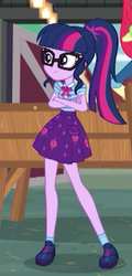 Size: 202x420 | Tagged: safe, screencap, apple bloom, sci-twi, twilight sparkle, equestria girls, equestria girls series, g4, holidays unwrapped, the cider louse fools, spoiler:eqg series (season 2), clothes, cropped, crossed arms, female, geode of telekinesis, glasses, legs, magical geodes, offscreen character, ponytail, shoes, skirt, socks, solo