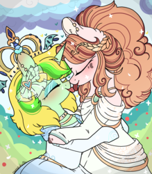 Size: 2092x2390 | Tagged: safe, artist:myfantasy08, oc, oc:lemonade echonnus, oc:lemonade honey, earth pony, pony, unicorn, abstract background, bat wings, blushing, boop, clothes, cloud, couple, crown, dress, duo, ear blush, ear fluff, ear piercing, earring, female, heart, high res, horn, horn ring, jewelry, makeup, marriage, married, necklace, noseboop, petals, piercing, regalia, transsexual, wedding dress, wings