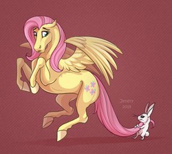 Size: 1280x1144 | Tagged: safe, artist:jenery, angel bunny, fluttershy, pegasus, pony, rabbit, g4, abstract background, animal, colored hooves, duo, female, flying, hoers, looking back, male, mare, signature, tail, tail pull