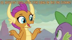 Size: 637x359 | Tagged: safe, edit, edited screencap, editor:undeadponysoldier, screencap, smolder, spike, dragon, g4, sweet and smoky, best friends, caption, cute, dragoness, female, image macro, male, meme, open mouth, smolderbetes, text