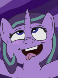 Size: 301x402 | Tagged: safe, artist:luyna, starlight glimmer, pony, unicorn, g4, ahegao, armpits, blushing, female, looking up, mare, open mouth, purple background, simple background, smiling, solo, tongue out