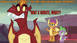 Size: 636x359 | Tagged: safe, edit, edited screencap, editor:undeadponysoldier, screencap, garble, smolder, spike, dragon, g4, sweet and smoky, caption, dragoness, female, garble is triggered, image macro, male, married, married couple, meme, op is a duck, op is trying to start shit, ship:spolder, shipping, straight, text, this will not end well, triggered, winged spike, wings