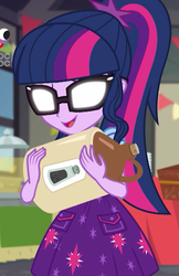 Size: 466x720 | Tagged: safe, screencap, sci-twi, twilight sparkle, equestria girls, equestria girls specials, g4, my little pony equestria girls: better together, my little pony equestria girls: holidays unwrapped, clothes, cropped, female, glasses, glowing eyes, ponytail, skirt, smiling