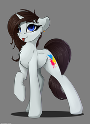 Size: 2200x3000 | Tagged: safe, artist:skitsroom, oc, oc only, oc:leesys, pony, :p, cute, cutie mark, female, gray background, high res, long legs, mare, raised hoof, simple background, solo, tongue out