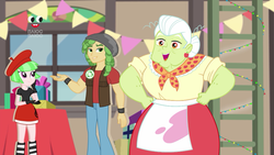 Size: 1280x720 | Tagged: safe, screencap, drama letter, granny smith, sandalwood, watermelody, equestria girls, equestria girls series, g4, holidays unwrapped, the cider louse fools, spoiler:eqg series (season 2), beret, cardboard cutout, clothes, dress, female, hat, male, miniskirt, pants, plusplus, skirt, smiling