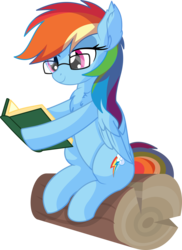 Size: 5507x7554 | Tagged: safe, artist:cyanlightning, rainbow dash, pegasus, pony, g4, .svg available, absurd resolution, adorkable, book, chest fluff, cute, dashabetes, dork, ear fluff, egghead, egghead dash, female, folded wings, glasses, log, mare, meganekko, nerd, reading, reading rainboom, simple background, sitting, smiling, solo, transparent background, vector, wing fluff, wings