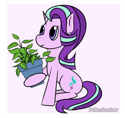 Size: 1265x1200 | Tagged: safe, artist:pokeshadow, phyllis, starlight glimmer, pony, unicorn, a horse shoe-in, g4, cute, female, glimmerbetes, mare, plant, ponytember, potted plant, purple background, simple background, solo, white background