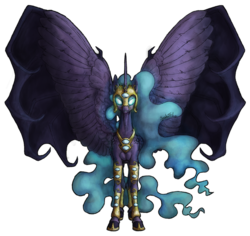 Size: 800x756 | Tagged: safe, artist:systemf4ilure, nightmare moon, alicorn, pony, g4, ethereal mane, ethereal tail, female, glowing eyes, hybrid wings, large wings, looking at you, mare, redesign, signature, simple background, solo, transparent background, wings