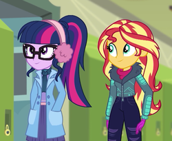 Size: 665x547 | Tagged: safe, screencap, sci-twi, sunset shimmer, twilight sparkle, equestria girls, equestria girls series, g4, holidays unwrapped, spoiler:eqg series (season 2), canterlot high, clothes, coat, cropped, earmuffs, female, glasses, gloves, hand in pocket, lockers, ponytail, smiling