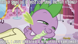 Size: 638x358 | Tagged: safe, edit, edited screencap, editor:undeadponysoldier, screencap, spike, dragon, do princesses dream of magic sheep, g4, caption, carousel boutique, discovery family logo, filters, image macro, male, mirror, ponyquin, quill, scroll, smug, solo, talking to viewer, text