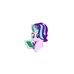 Size: 868x868 | Tagged: safe, artist:badponyvectors, starlight glimmer, pony, unicorn, g4, bust, female, glowing horn, horn, looking at something, magic, mare, phone, simple background, smiling, solo, telekinesis, tiny, white background