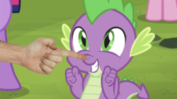 Size: 582x326 | Tagged: safe, edit, edited screencap, editor:undeadponysoldier, screencap, spike, human, equestria games (episode), g4, boop, cute, followup, hand, happy, irl, irl human, noseboop, photo, spikabetes, spikelove