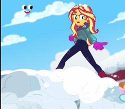 Size: 774x674 | Tagged: safe, screencap, sunset shimmer, equestria girls, equestria girls specials, g4, my little pony equestria girls: better together, my little pony equestria girls: holidays unwrapped, angry, boots, clothes, cropped, looking back, plusplus, pointing, shoes, snow, snow fort, winter outfit