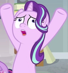 Size: 539x583 | Tagged: safe, screencap, starlight glimmer, twilight sparkle, alicorn, pony, unicorn, a horse shoe-in, g4, season 9, :o, cropped, faic, female, hooves in air, mare, offscreen character, open mouth, shrunken pupils, solo focus, starlight glimmer is best facemaker, twilight sparkle (alicorn), wide eyes