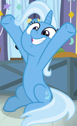 Size: 660x1080 | Tagged: safe, screencap, trixie, pony, unicorn, a horse shoe-in, g4, season 9, belly, cropped, cute, diatrixes, faic, female, happy, hooves up, mare, sitting, smiling, solo, trixie's wagon
