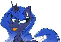 Size: 2193x1522 | Tagged: safe, artist:tizhonolulu, princess luna, alicorn, pony, g4, chest fluff, colored wings, colored wingtips, female, freckles, mare, silly, silly pony, simple background, smiling, solo, tongue out, white background