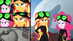 Size: 1920x1080 | Tagged: safe, screencap, pinkie pie, sunset shimmer, equestria girls, equestria girls series, g4, holidays unwrapped, winter break-in, spoiler:eqg series (season 2), catsuit, duo, duo female, female, goggles, imagine spot, night vision goggles, pinkie spy, plusplus