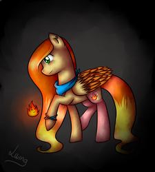 Size: 1024x1138 | Tagged: safe, artist:thelivingnote, oc, oc only, oc:fire shobat, pegasus, pony, dark background, digital art, female, fire, green eyes, mare, solo, two toned wings, wings