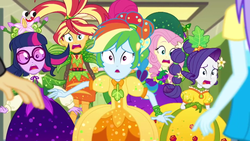 Size: 1280x720 | Tagged: safe, screencap, aqua blossom, fluttershy, rainbow dash, rarity, sandalwood, sci-twi, sunset shimmer, twilight sparkle, equestria girls, equestria girls specials, g4, my little pony equestria girls: better together, my little pony equestria girls: holidays unwrapped, o come all ye squashful, clothes, cornucopia costumes, costume, inflatable, inflatable dress, plusplus, rainbow dash always dresses in style