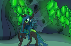 Size: 2600x1700 | Tagged: safe, artist:dualtry, queen chrysalis, changeling, changeling queen, g4, changeling hive, crown, female, jewelry, regalia, solo, spread wings, transparent wings, wings