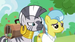 Size: 1920x1080 | Tagged: safe, screencap, doctor fauna, zecora, earth pony, pony, zebra, g4, she talks to angel, clothes, ear piercing, earring, female, jewelry, lidded eyes, mare, neck rings, piercing, ponytail, quadrupedal, varying degrees of want