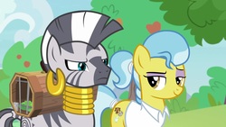 Size: 1920x1080 | Tagged: safe, screencap, doctor fauna, zecora, earth pony, pony, zebra, g4, she talks to angel, clothes, ear piercing, earring, female, frown, jewelry, mare, neck rings, piercing, ponytail, quadrupedal, smiling