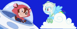 Size: 1404x541 | Tagged: safe, artist:guihercharly, rainbow dash, mouse, pegasus, pony, g4, an american tail, astrodash, astronaut, clothes, cloud, costume, crossover, don bluth, driving, glass dome, space, space car, spaceship, spacesuit, tanya mouskewitz