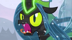 Size: 1280x720 | Tagged: safe, screencap, queen chrysalis, pony, g4, the ending of the end, leak, female, furious, hissing, magic, snow, solo, tongue out, ultimate chrysalis