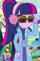 Size: 533x805 | Tagged: safe, screencap, applejack, rarity, sci-twi, sunset shimmer, twilight sparkle, equestria girls, equestria girls specials, g4, my little pony equestria girls: better together, my little pony equestria girls: holidays unwrapped, clothes, cropped, offscreen character, sunglasses, winter outfit